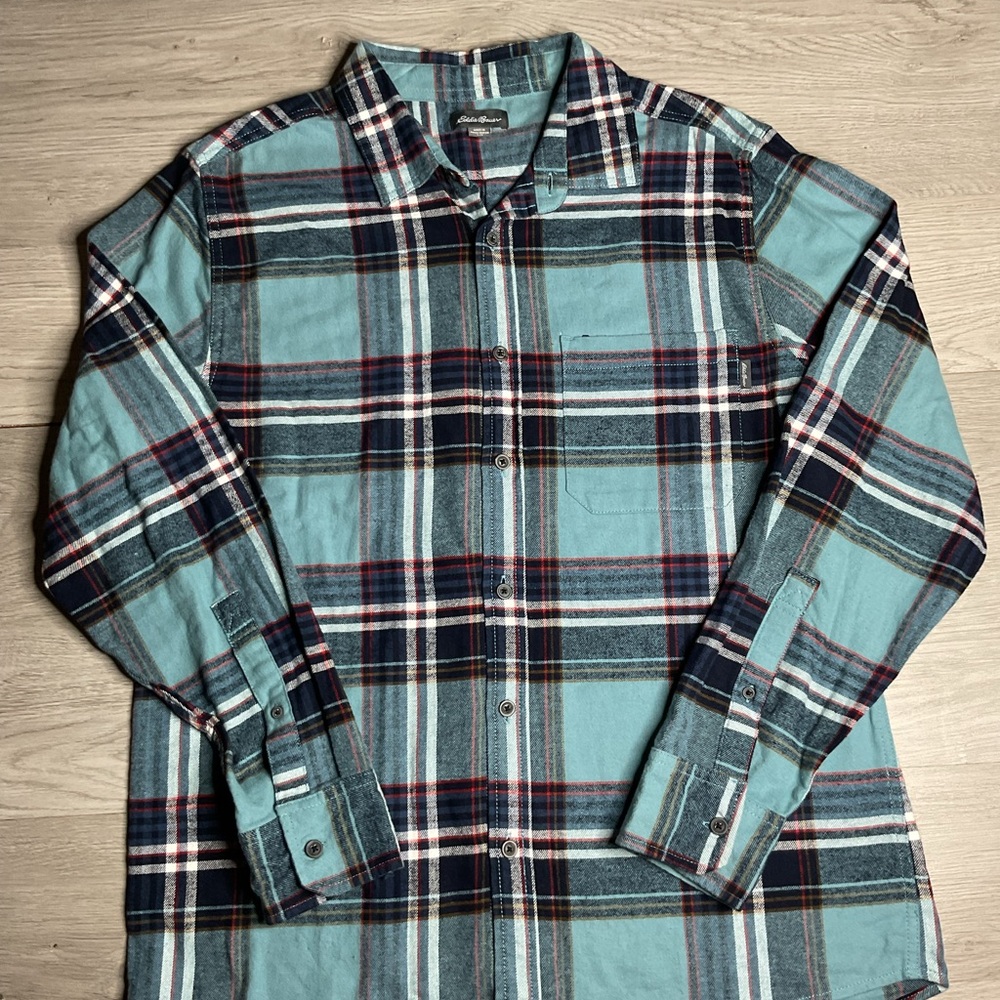 Men's Eddie Bauer‎ Blue & Red Plaid Collared Long Sleeve Polo Shirt Size Large